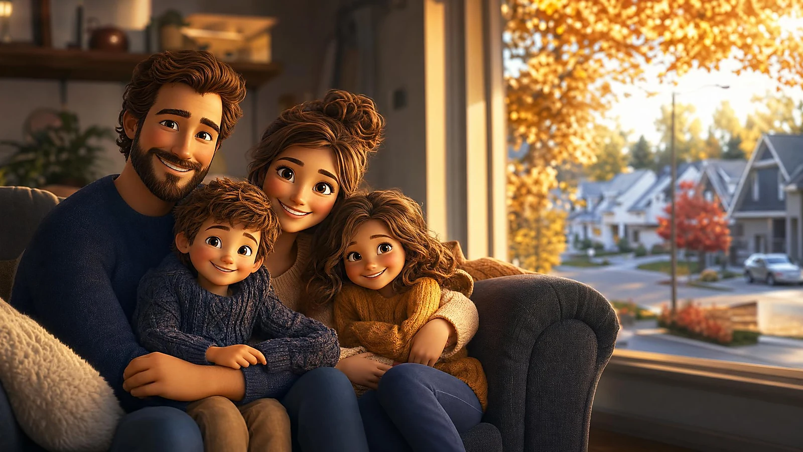 A young Canadian couple holding their two smiling children on a cozy sofa with an autumn suburban street visible through the window, representing a family protected by term life insurance