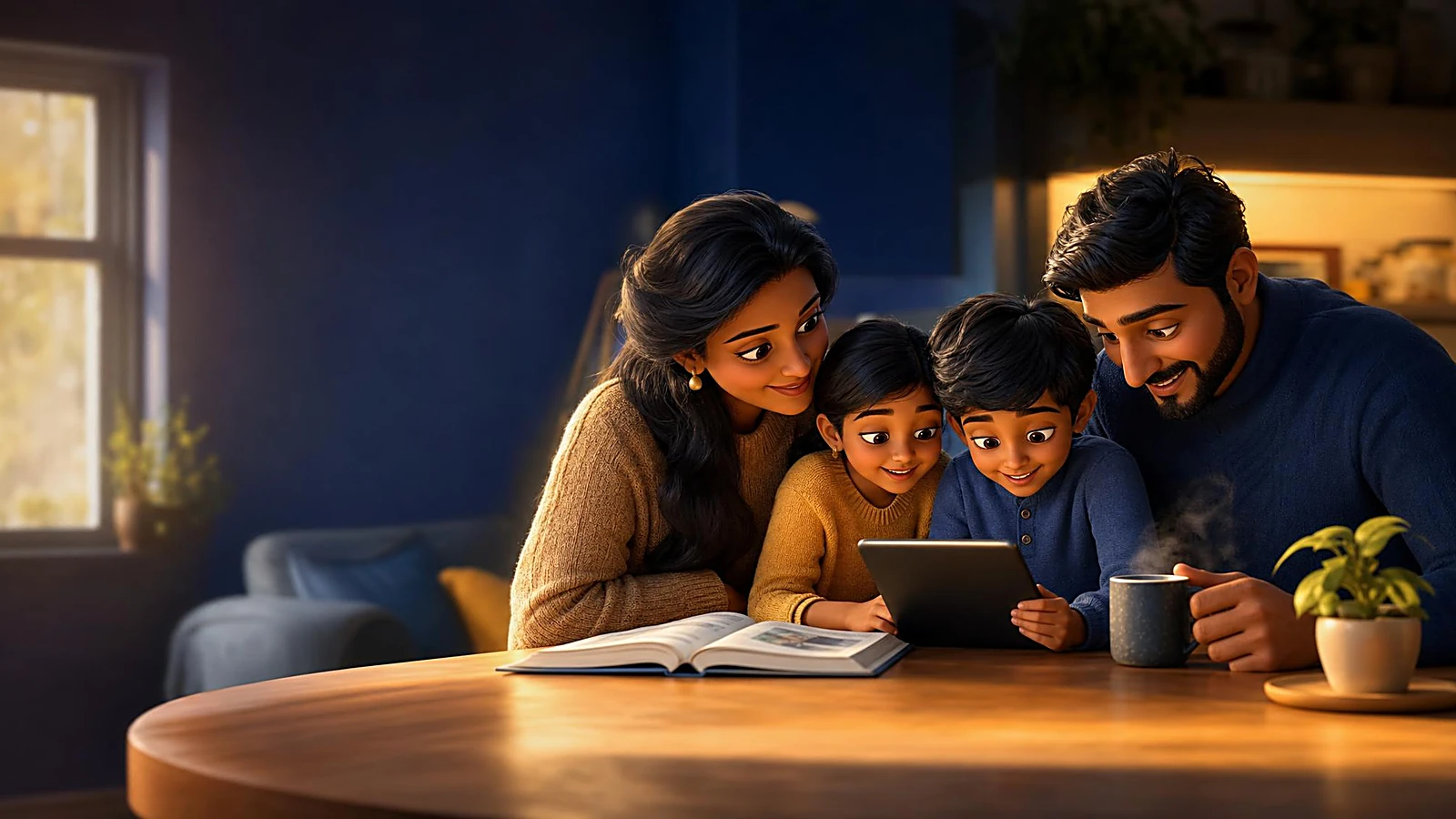 South Asian family reading insurance guides together at home in warm light — Daya Insurance Knowledge Hub — illustration.