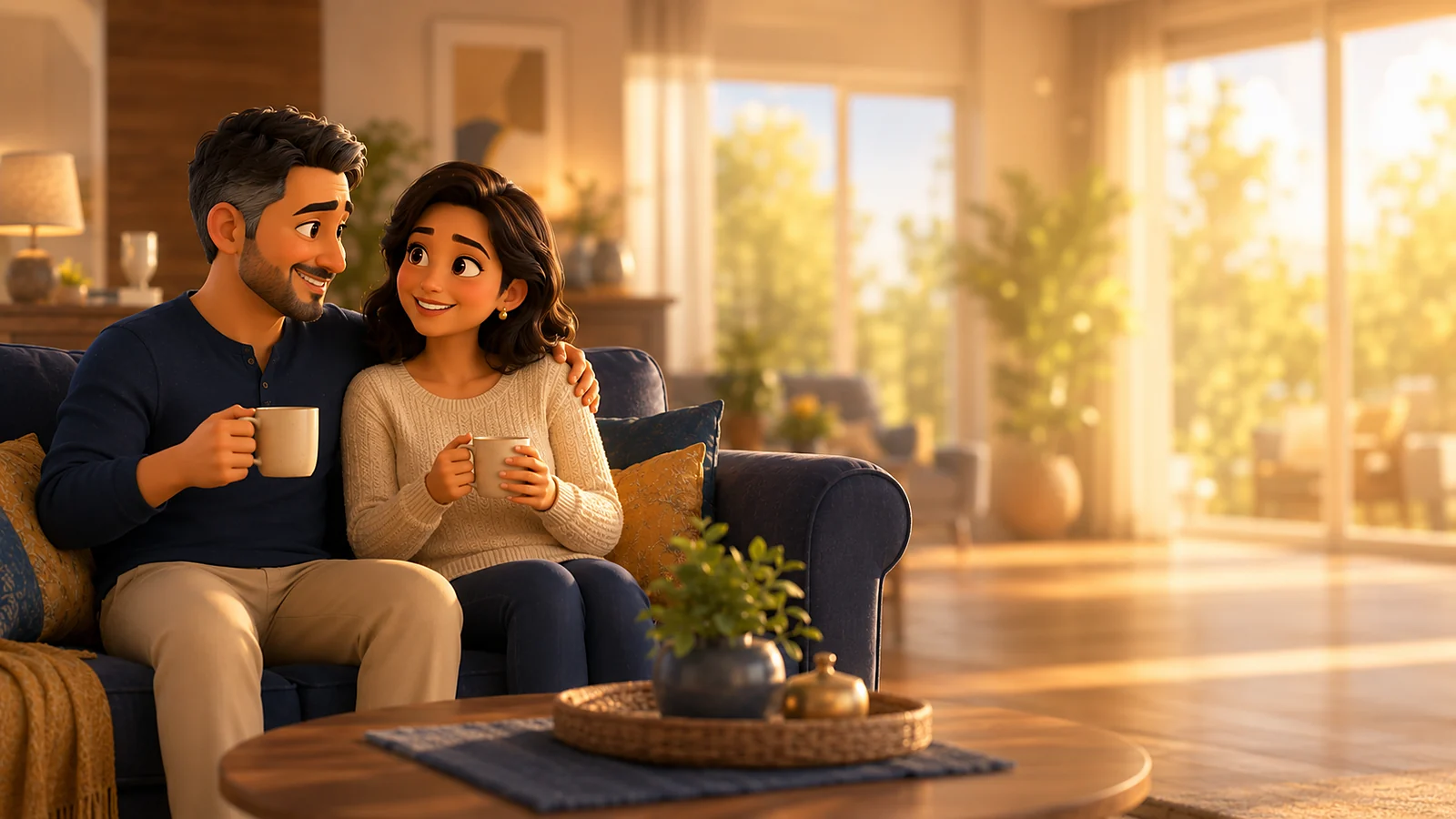 A family together at home, reassured and protected — Critical Illness insurance income protection, 3D illustration