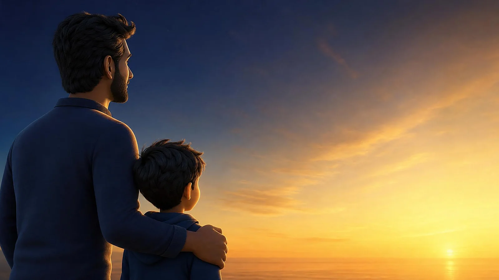 A father and his young child looking out over a warm sunrise — life insurance protecting Canadian families across generations, 3D illustration