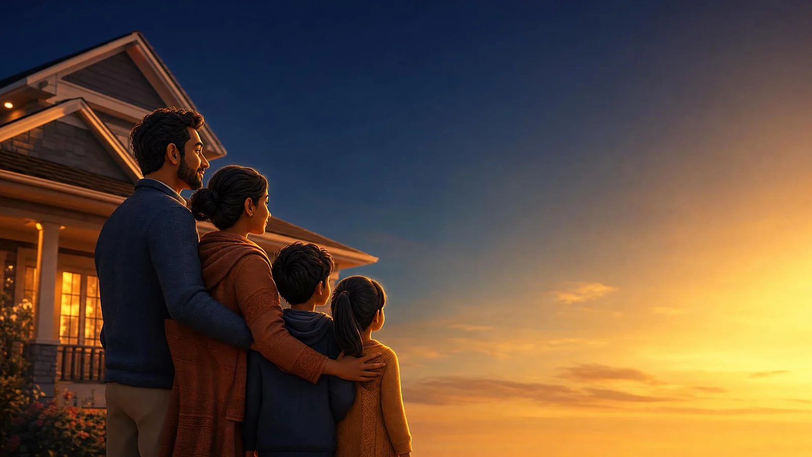 A Canadian family standing in front of their warmly lit home at golden hour — mortgage life insurance protecting the family home, 3D illustration