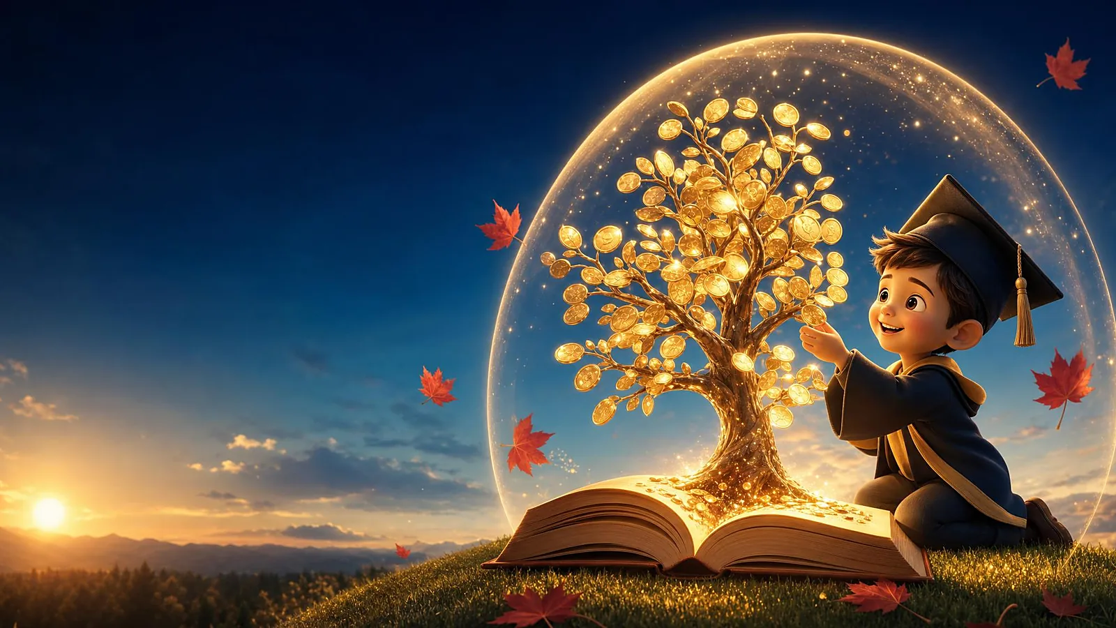 RESP in Canada — illustration of a glowing golden money tree growing from an open book under a protective dome, a child's education fund held in a segregated fund contract