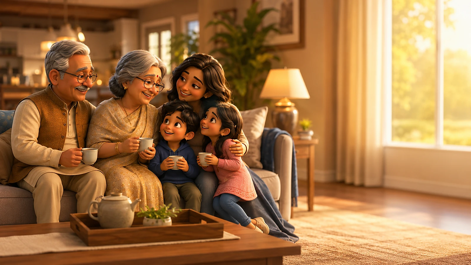 A multi-generational family reunion — Super Visa insurance giving families peace of mind, 3D illustration