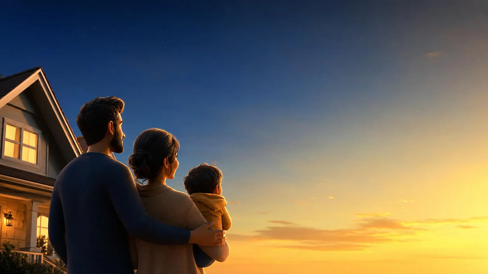 A young Canadian family with their toddler outside their first home at sunrise — affordable term life insurance protecting the mortgage and family years, 3D illustration