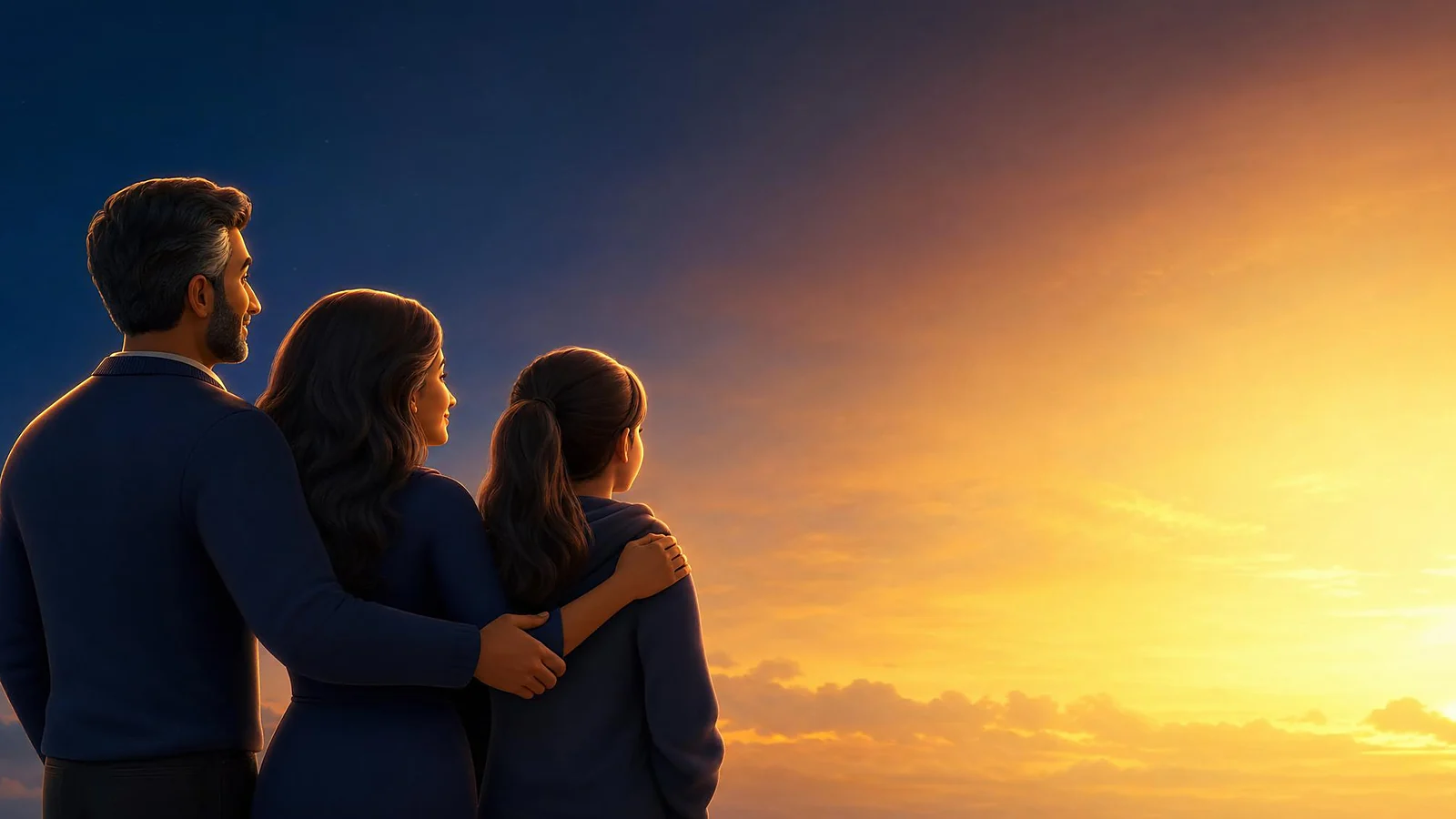 A mid-career Canadian couple with their teenage child looking toward a warm sunrise — universal life insurance building lasting tax-sheltered wealth with flexibility, 3D illustration