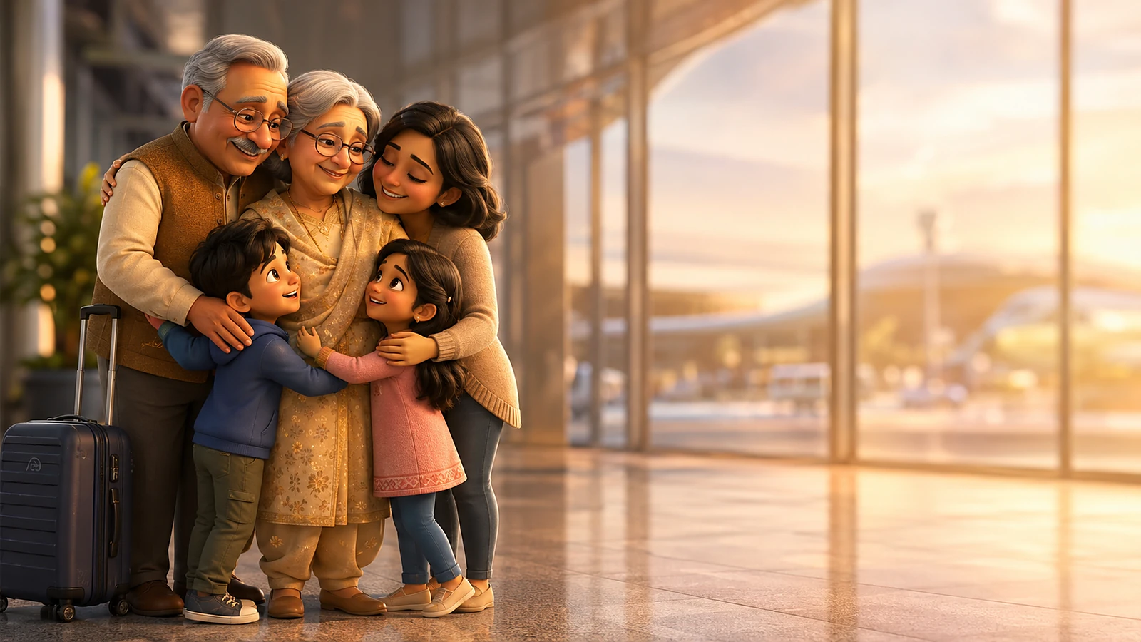 A multi-generational family reunion — visitor insurance giving families peace of mind, 3D illustration