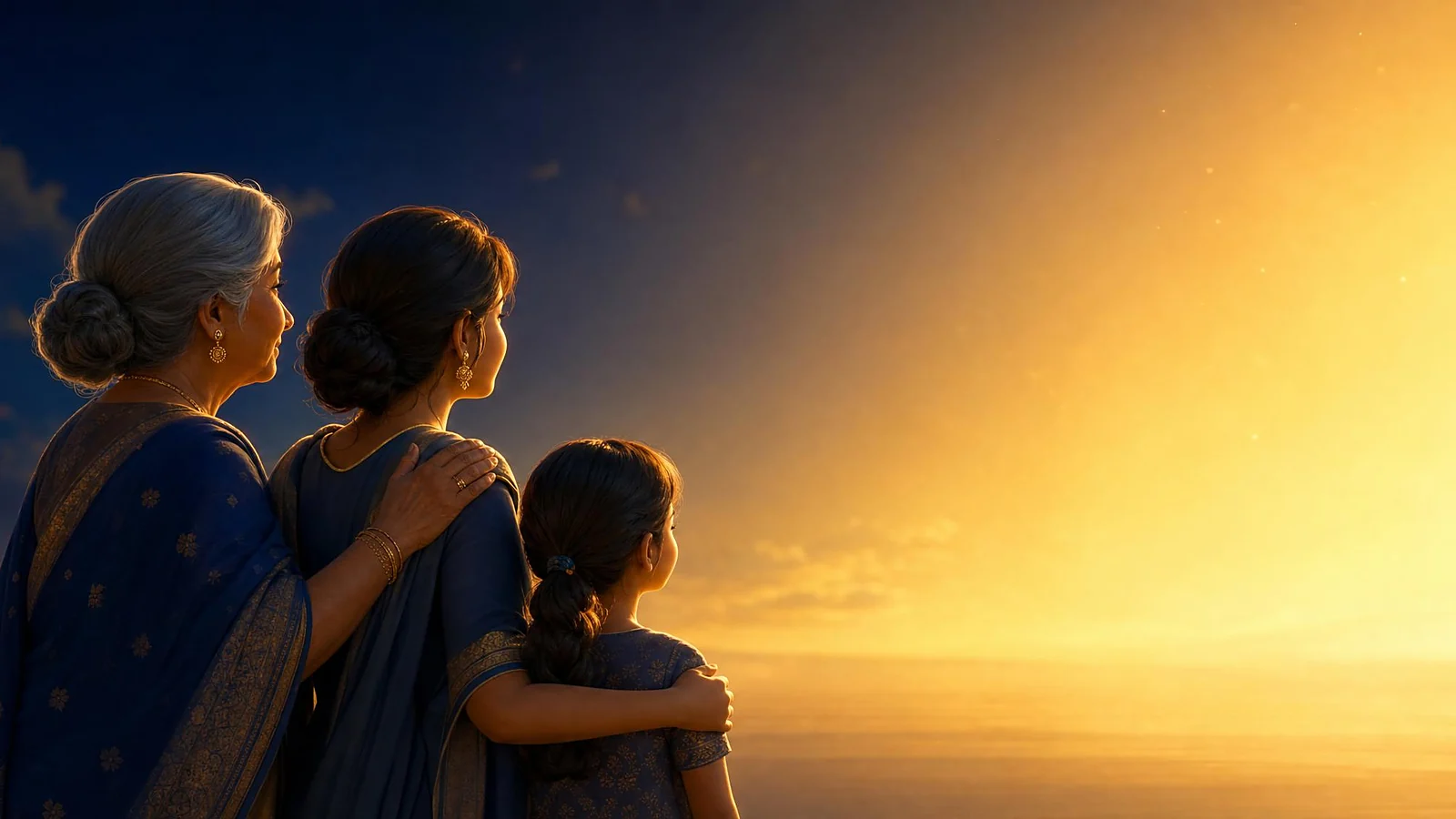 A three-generation Canadian family — grandmother, mother, and daughter — looking toward warm golden light, whole life insurance protecting a family legacy across generations, 3D illustration