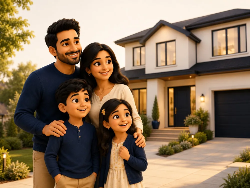 A young Canadian family standing outside the family home their mortgage protection helps keep